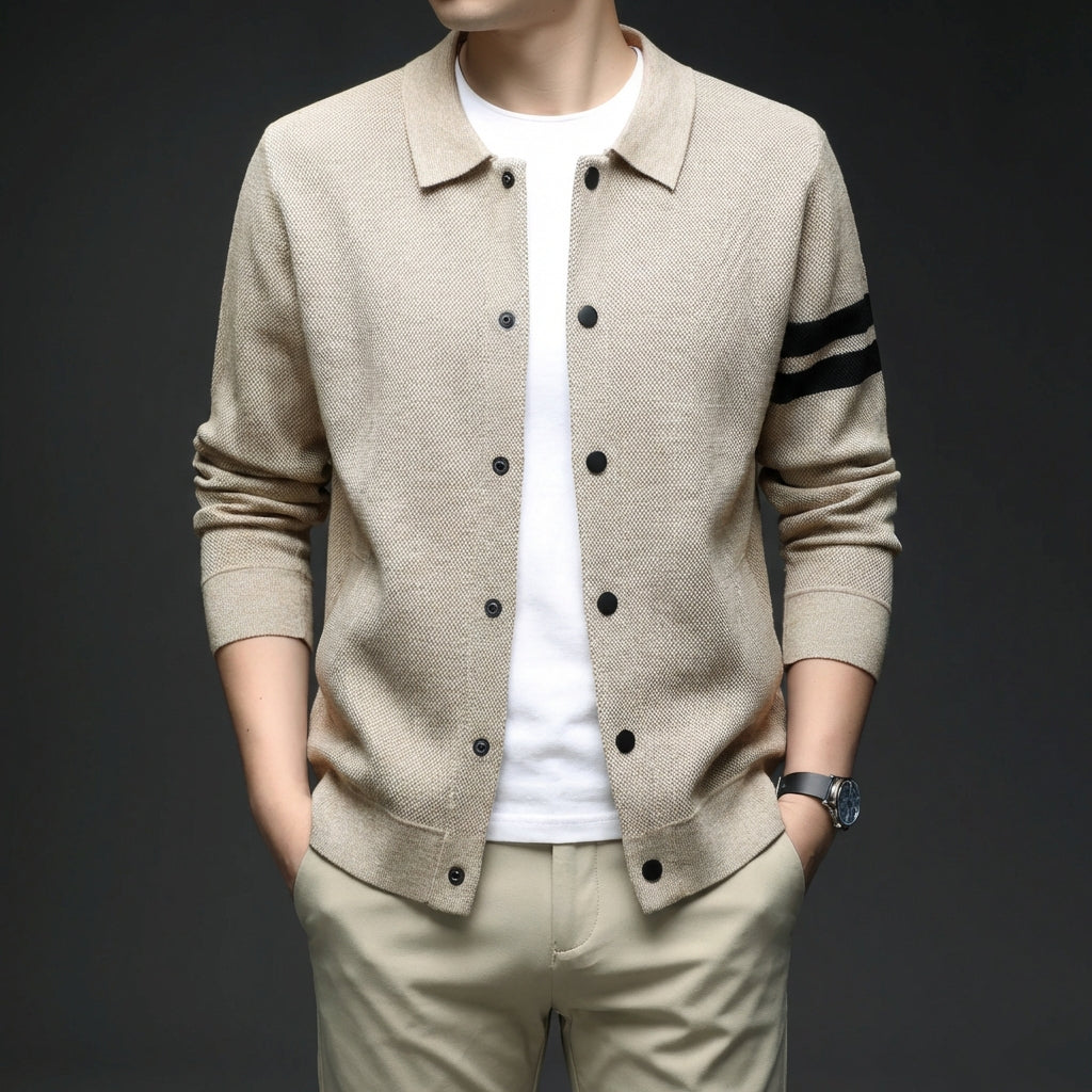 Men's collar cardigan sweater with relaxed fit and sleeve stripe detail