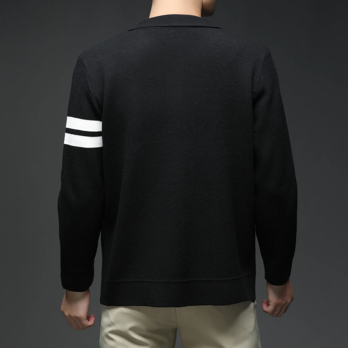 Men's collar cardigan sweater with relaxed fit and sleeve stripe detail