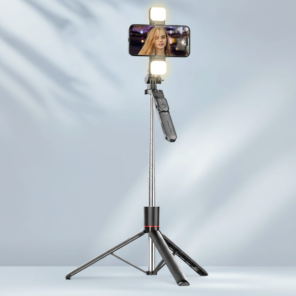 Extendable selfie stick tripod with Bluetooth remote and 360-degree rotating head