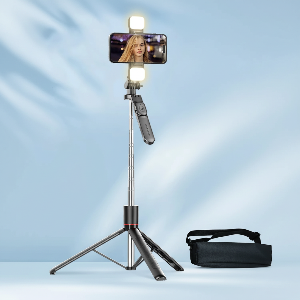 Extendable selfie stick tripod with Bluetooth remote and 360-degree rotating head