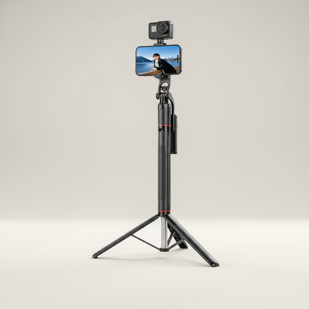Extendable selfie stick tripod with Bluetooth remote and 360-degree rotating head