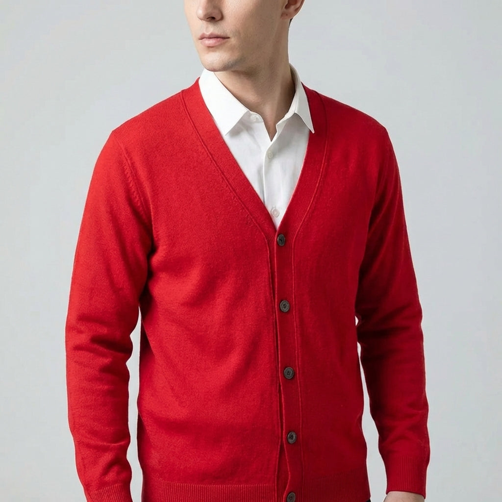 V neck cardigan with ribbed hem and button front closure