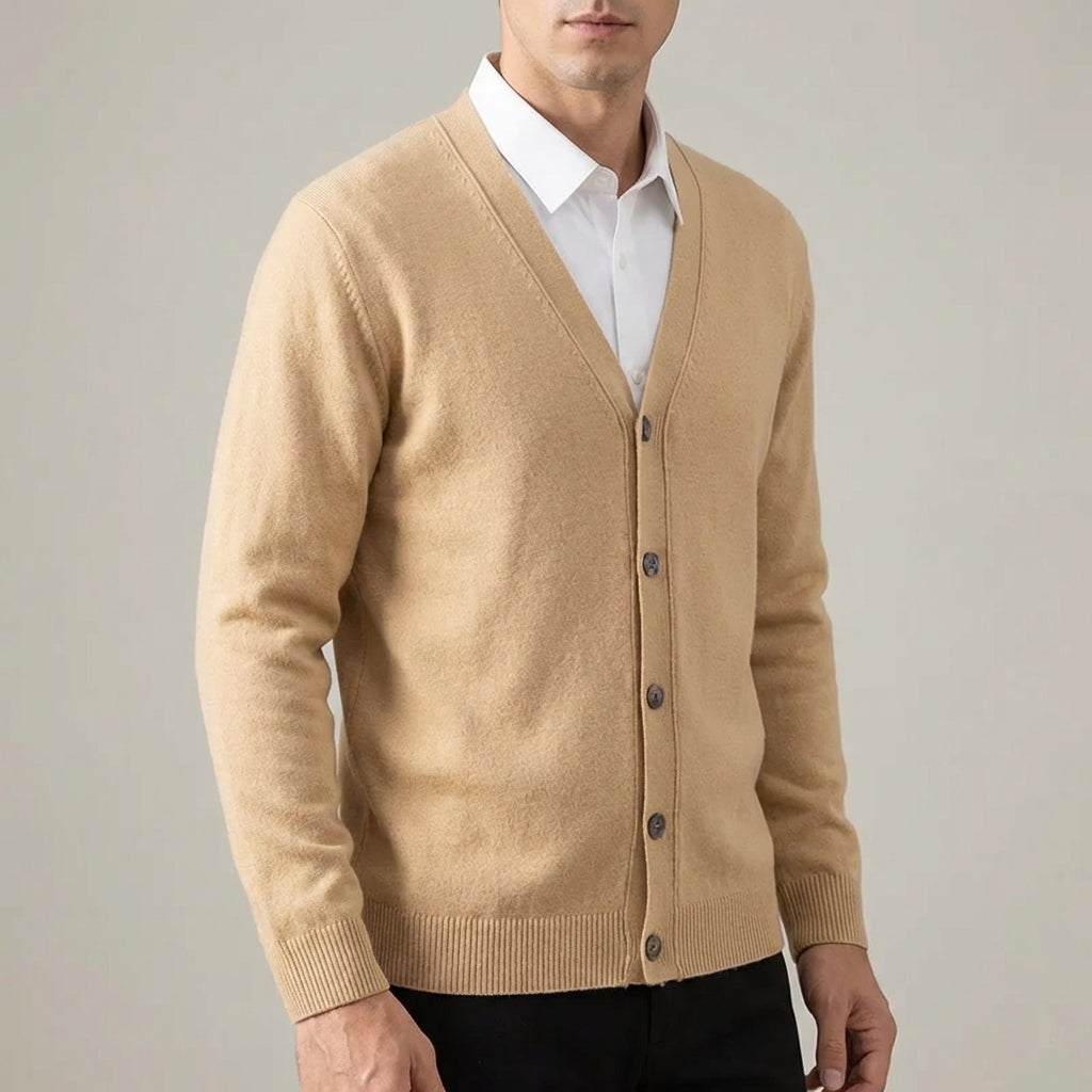 V neck cardigan with ribbed hem and button front closure