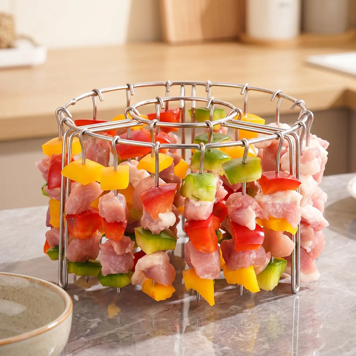 Vertical skewer rack with hanging hooked rods for air fryer and oven cooking