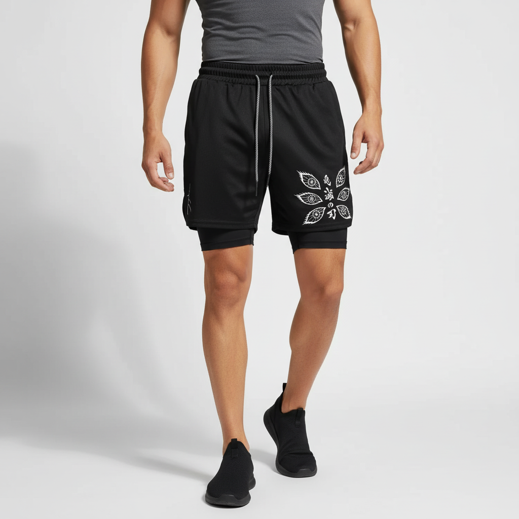 Men's 2-in-1 sports shorts with breathable quick-drying fabric and graphic print