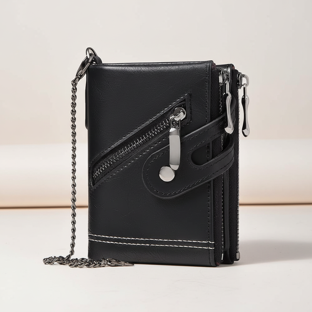 Vintage chain wallet with RFID blocking and multiple zipper compartments