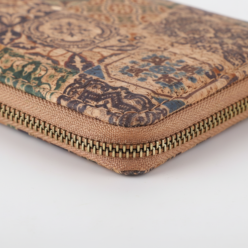 Compact zippered card wallet with vintage-inspired pattern and multiple card slots