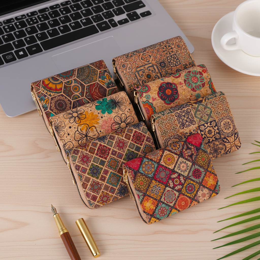 Compact zippered card wallet with vintage-inspired pattern and multiple card slots