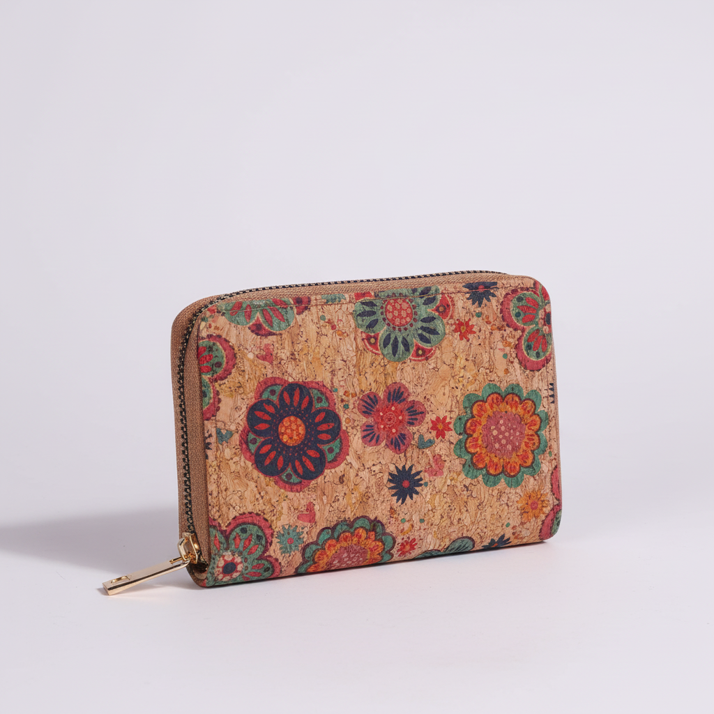 Compact zippered card wallet with vintage-inspired pattern and multiple card slots