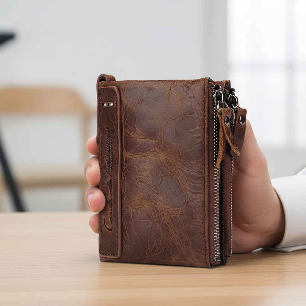 Compact vintage men's coin wallet with zipper and snap closure