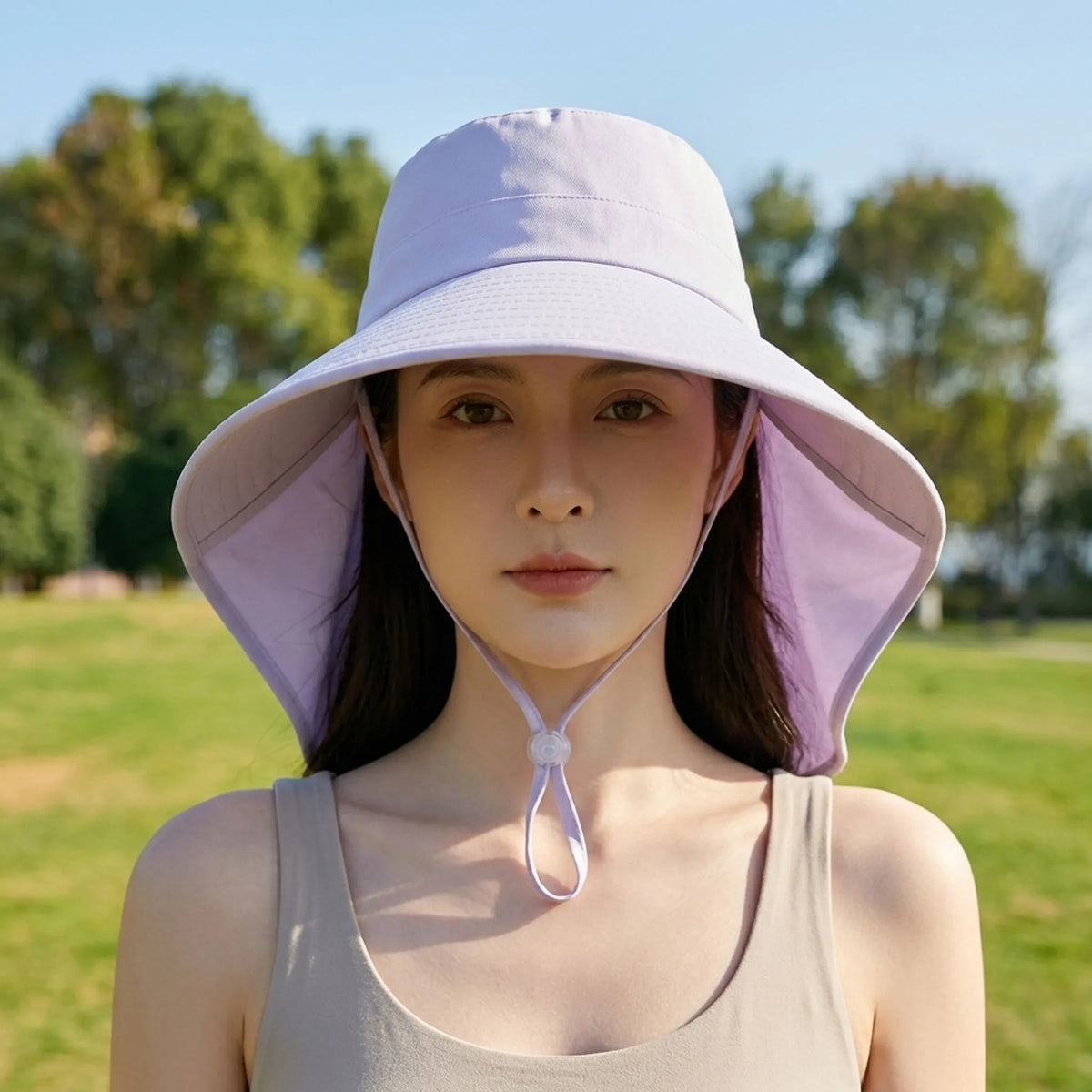 Wide brim summer hat with extended neck flap and adjustable chin strap