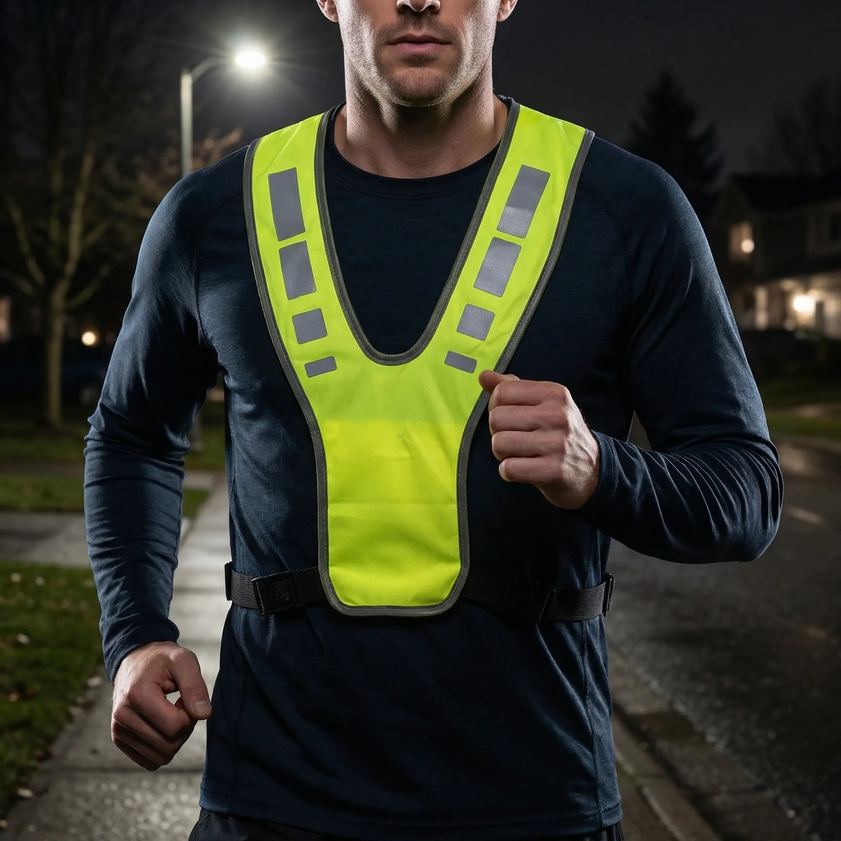 High-visibility reflective running vest with V-harness design and adjustable clips