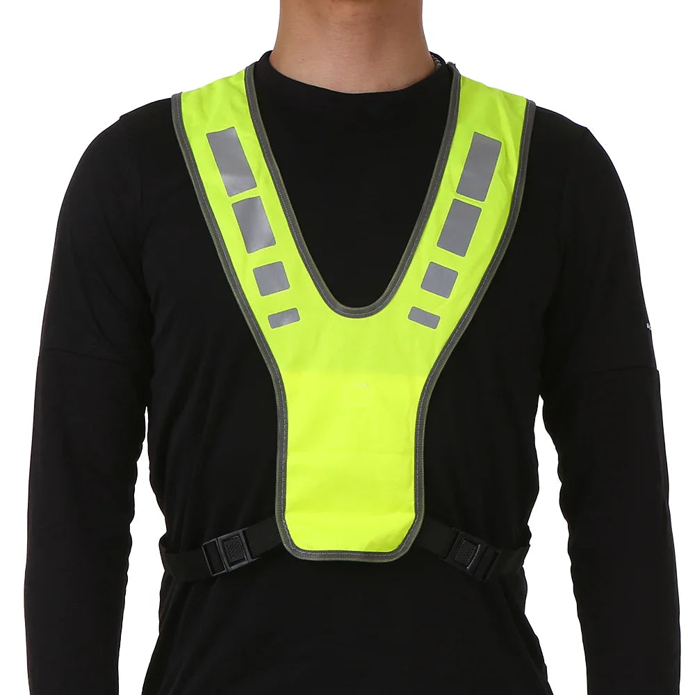 High-visibility reflective running vest with V-harness design and adjustable clips