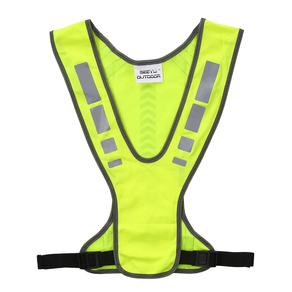 High-visibility reflective running vest with V-harness design and adjustable clips
