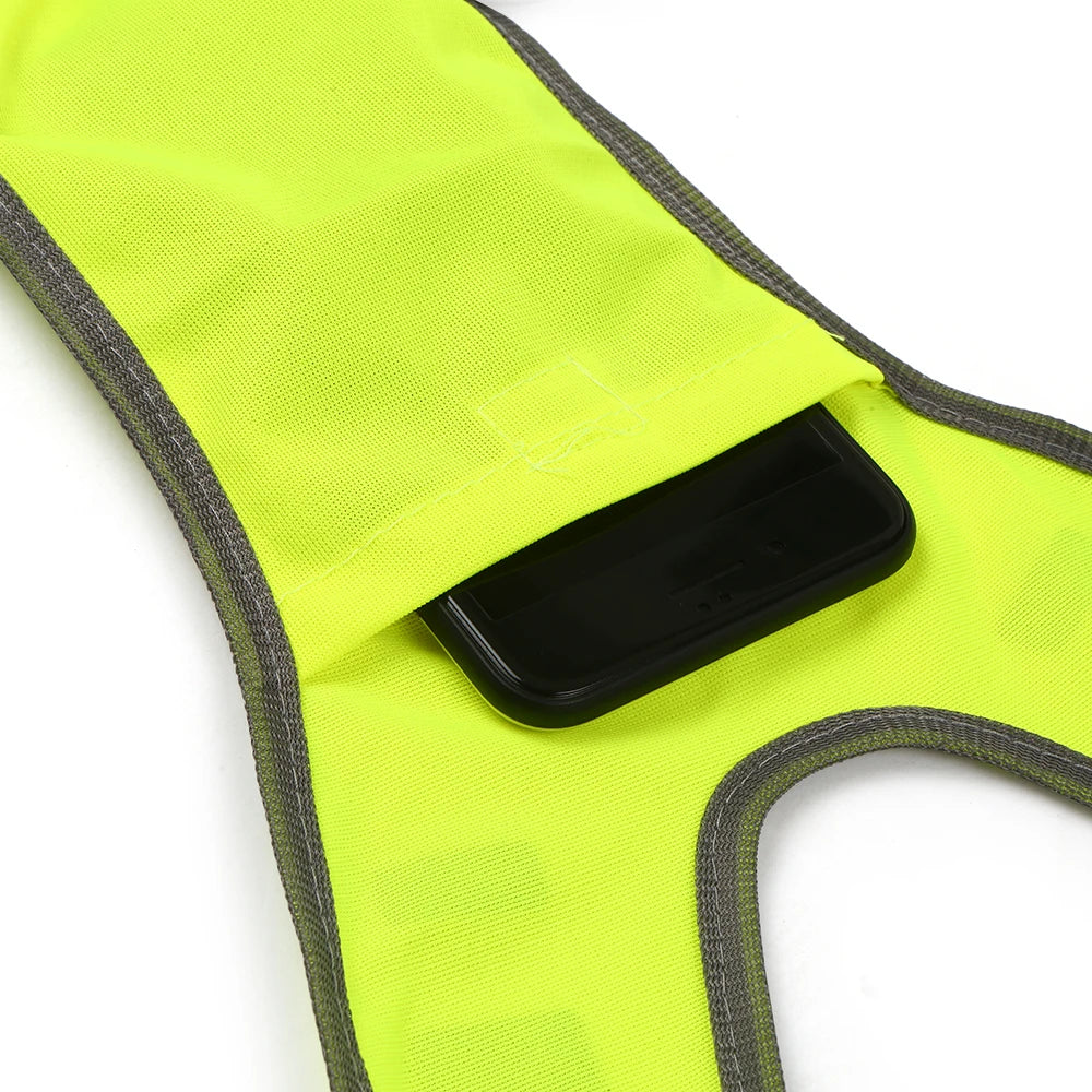 High-visibility reflective running vest with V-harness design and adjustable clips