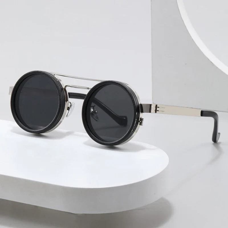 Round steampunk sunglasses with adjustable dimming polarised lenses