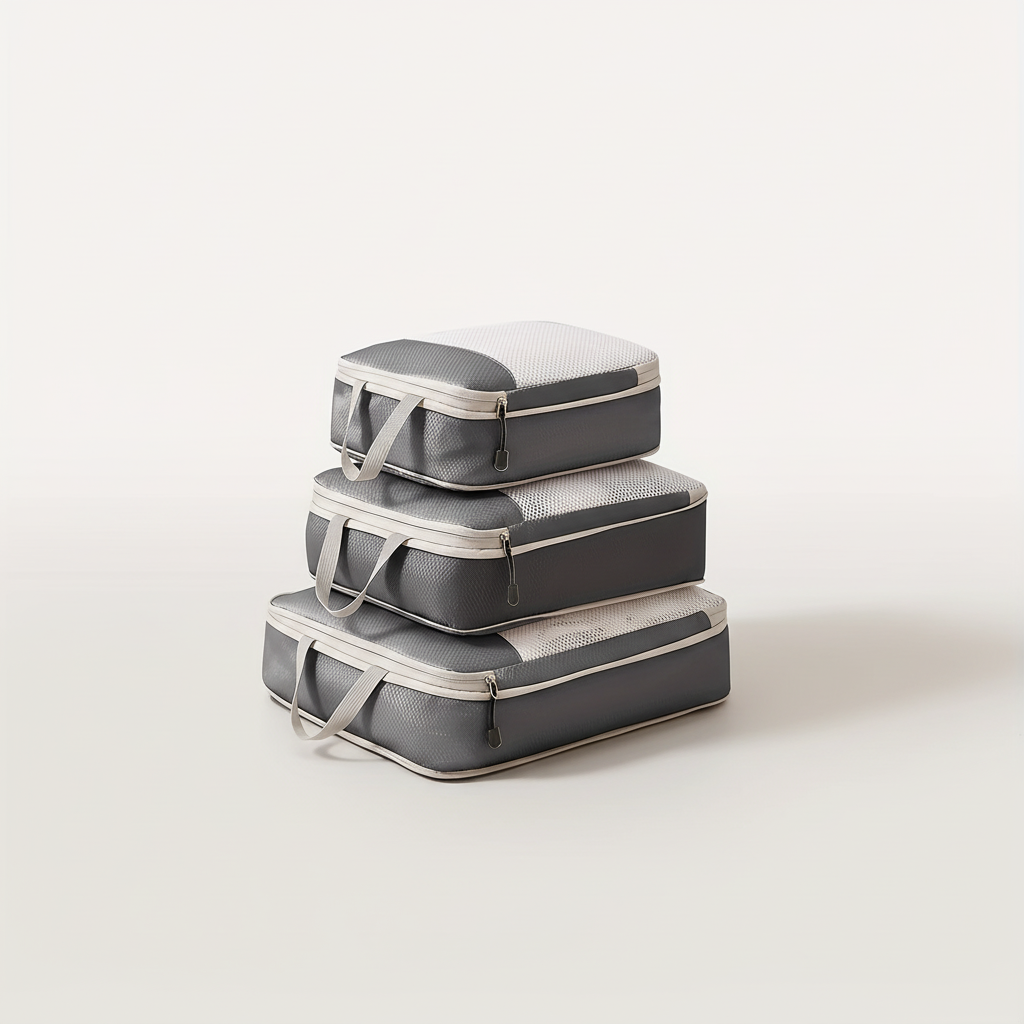 Three piece compression packing cubes with mesh panels for travel organisation