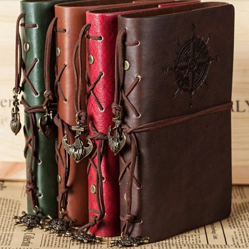 Vintage travel journal with spiral binding and embossed compass motif