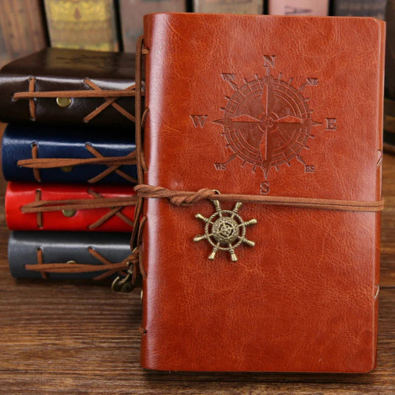 Vintage travel journal with spiral binding and embossed compass motif