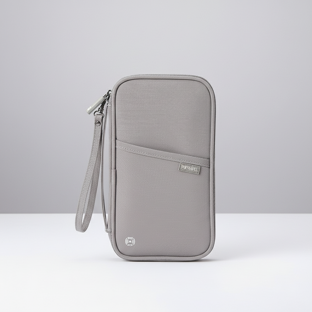 Compact travel organiser with RFID blocking for passport and cards