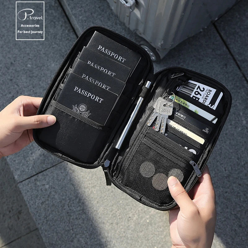 Compact travel organiser with RFID blocking for passport and cards