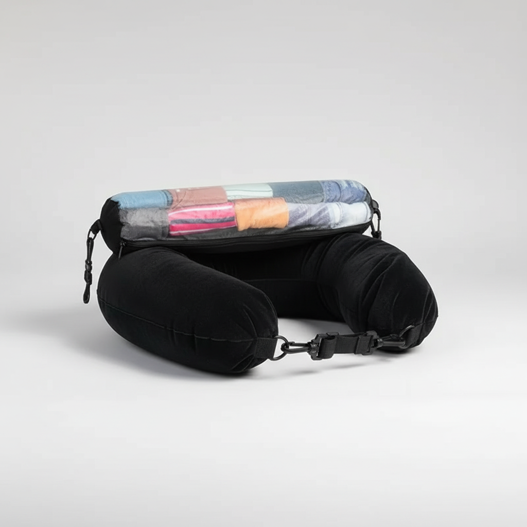 Adjustable travel neck pillow with compact storage pouch