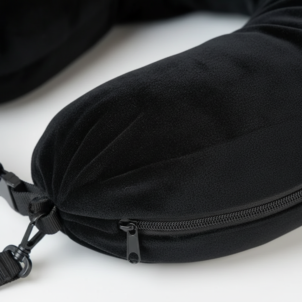 Adjustable travel neck pillow with compact storage pouch