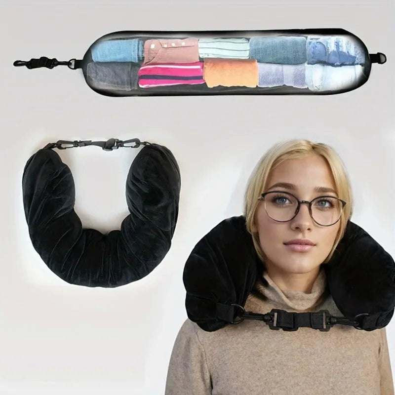 Adjustable travel neck pillow with compact storage pouch