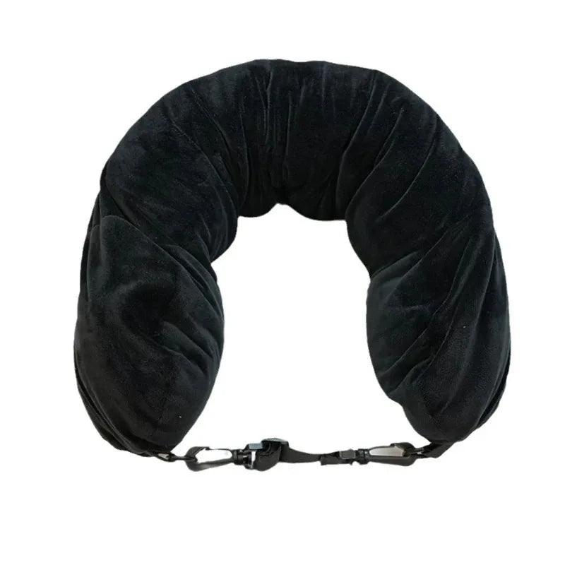 Adjustable travel neck pillow with compact storage pouch