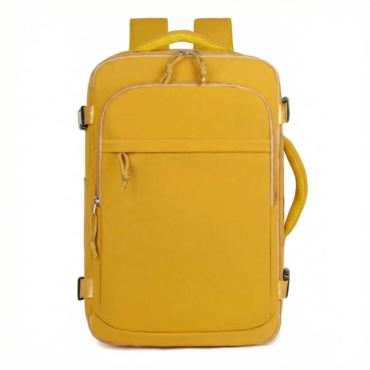 Compact travel backpack with water-resistant exterior and dedicated laptop compartment