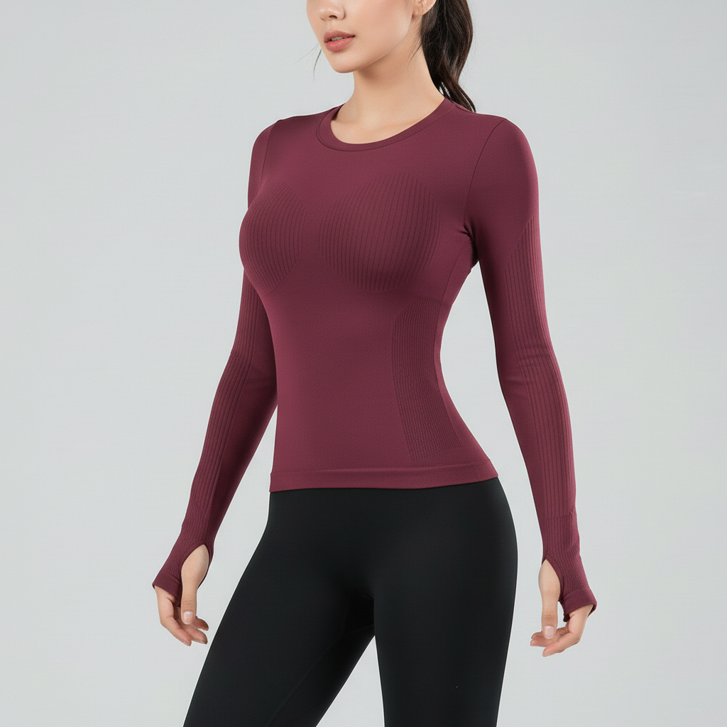 Long sleeve athletic top with seamless construction and thumb cuffs