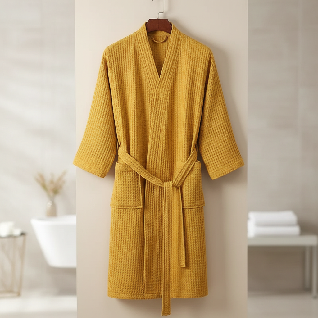 Lightweight waffle weave bathrobe with breathable fabric and calf-length design