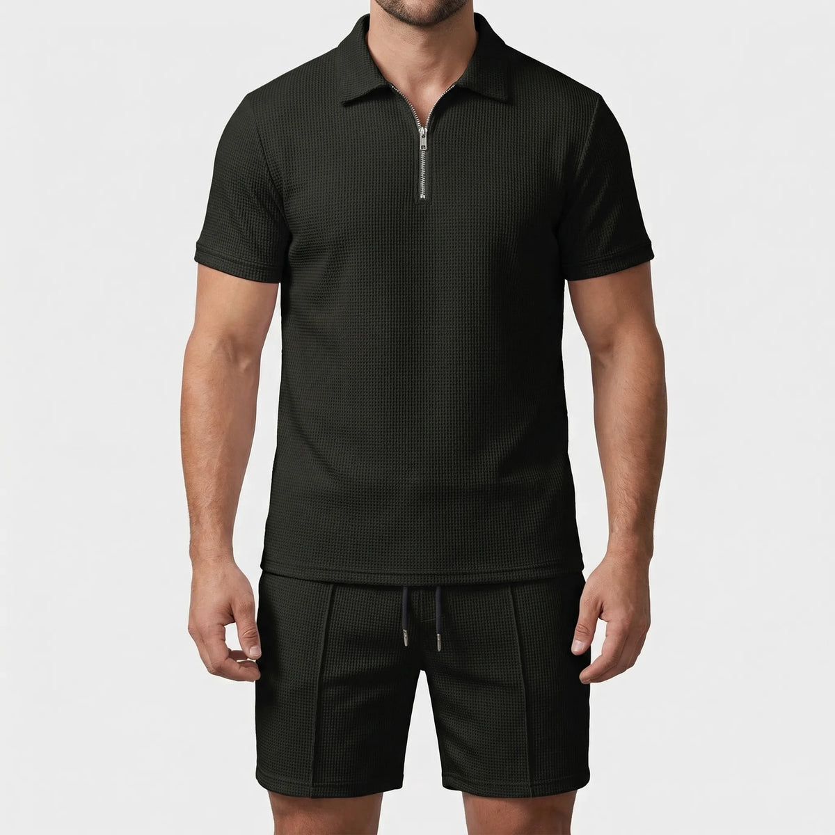 Men's waffle-textured polo and shorts set with half-zip collar