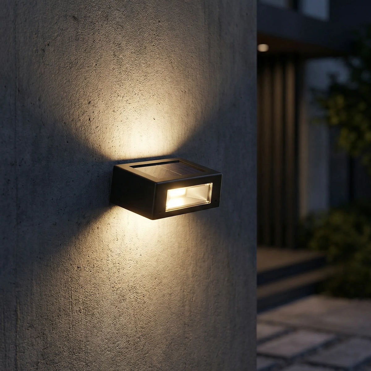 Solar-powered outdoor wall light with dual up-and-down warm glow