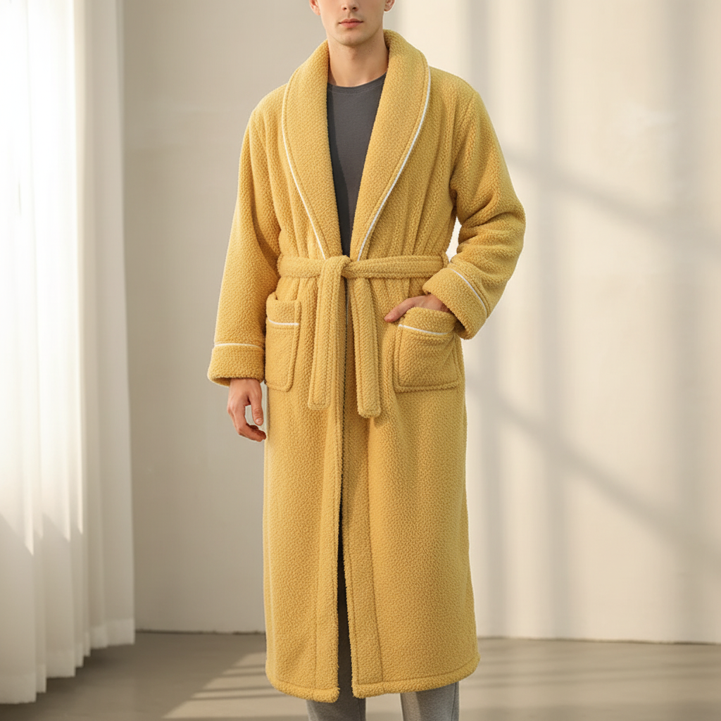 Long winter bathrobe with shawl collar, warm plush fabric and ankle-length coverage