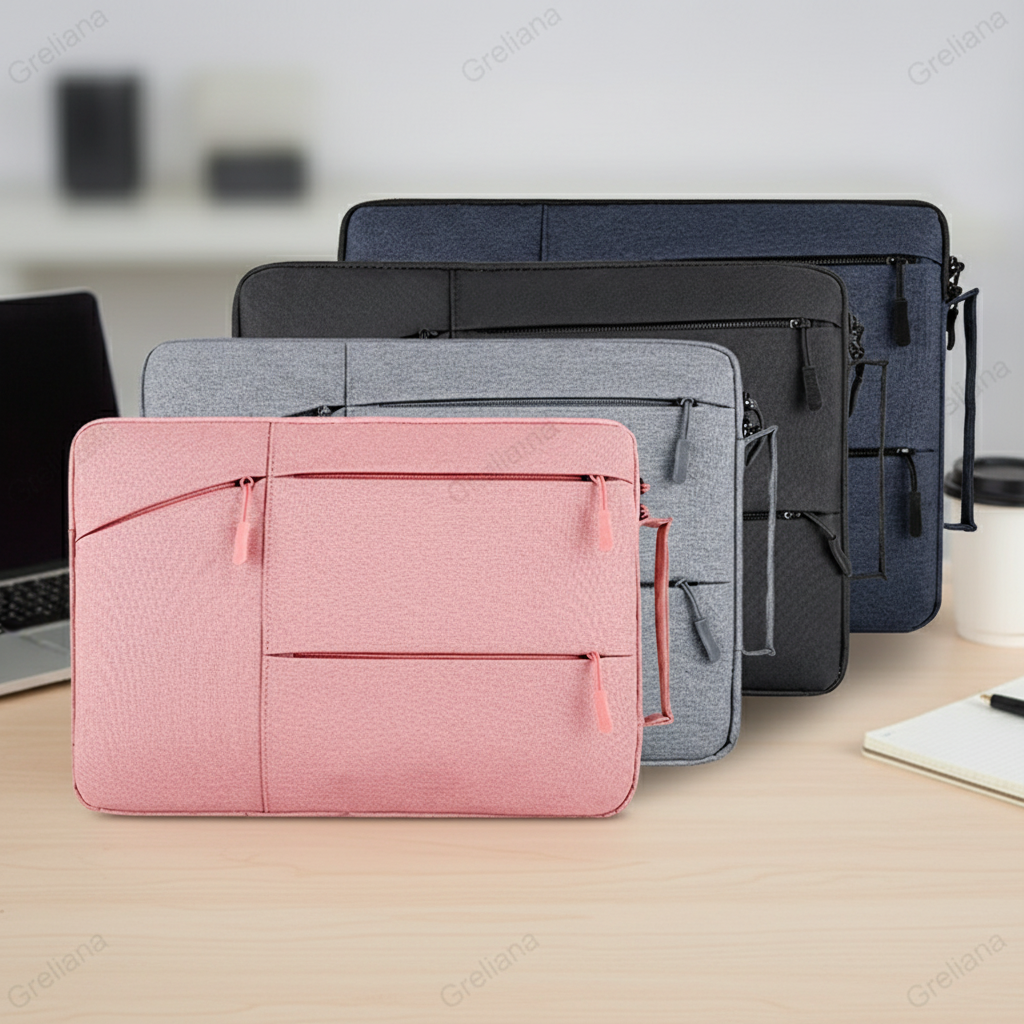 Water-resistant laptop sleeve with padded interior and zip pockets