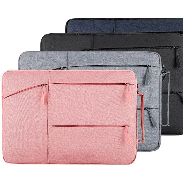 Water-resistant laptop sleeve with padded interior and zip pockets