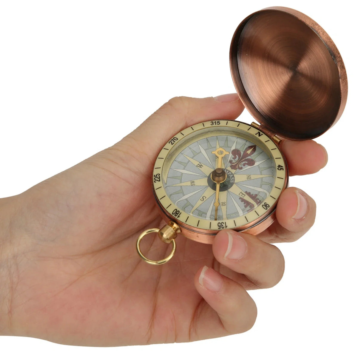 Portable flip-top pocket compass with clear dial and protective hinged lid