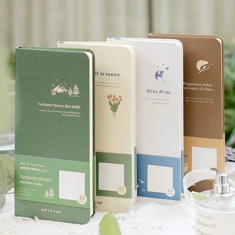 Slim weekly planner notebook with retro minimalist design