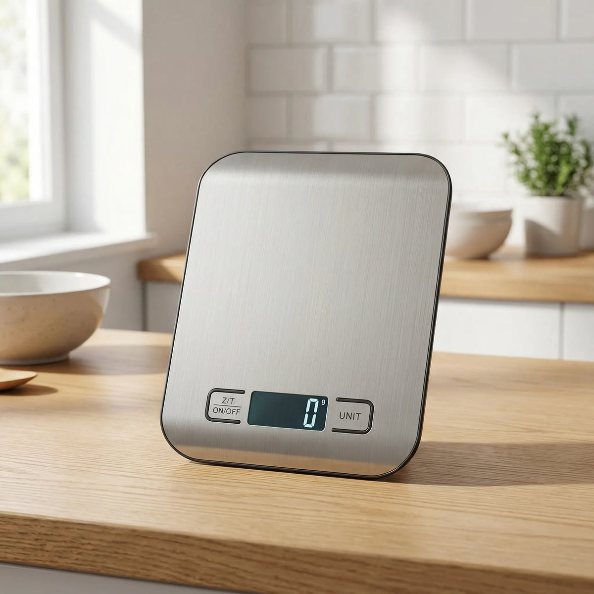 Compact digital kitchen scale with illuminated LED display and tare function