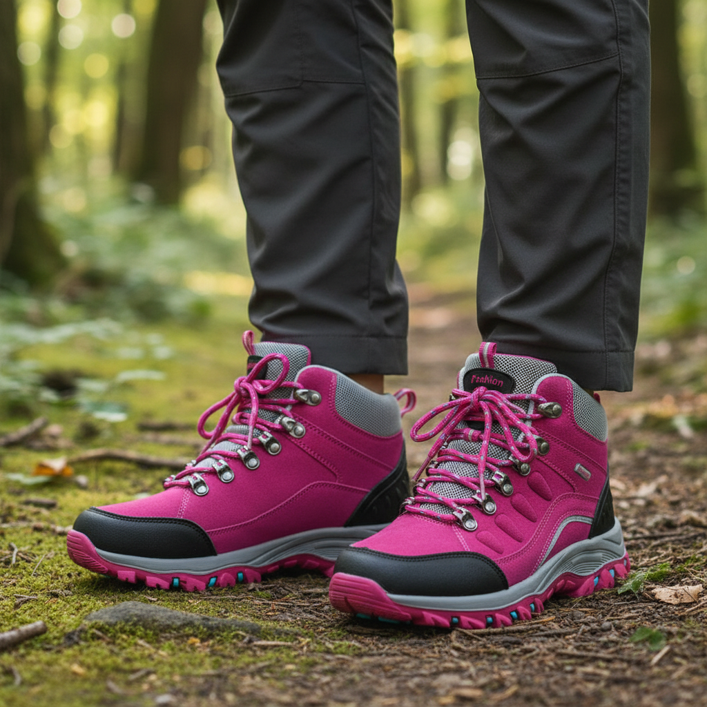 Women's leather hiking boots with ankle support and non-slip traction