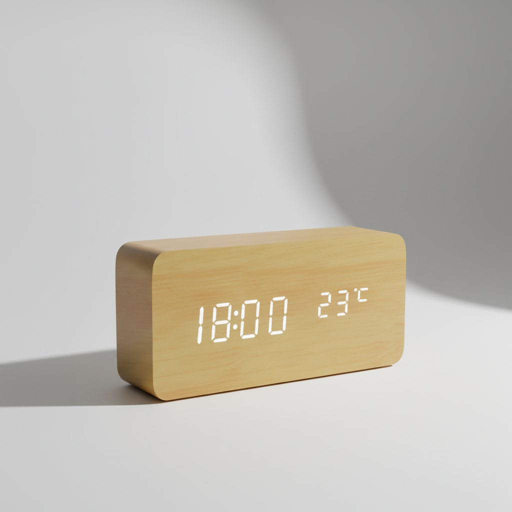 Wooden LED alarm clock with voice activation and temperature display