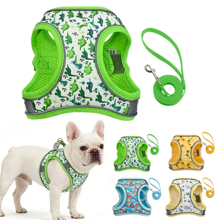 Small dog mesh vest harness with matching lead, reflective trim
