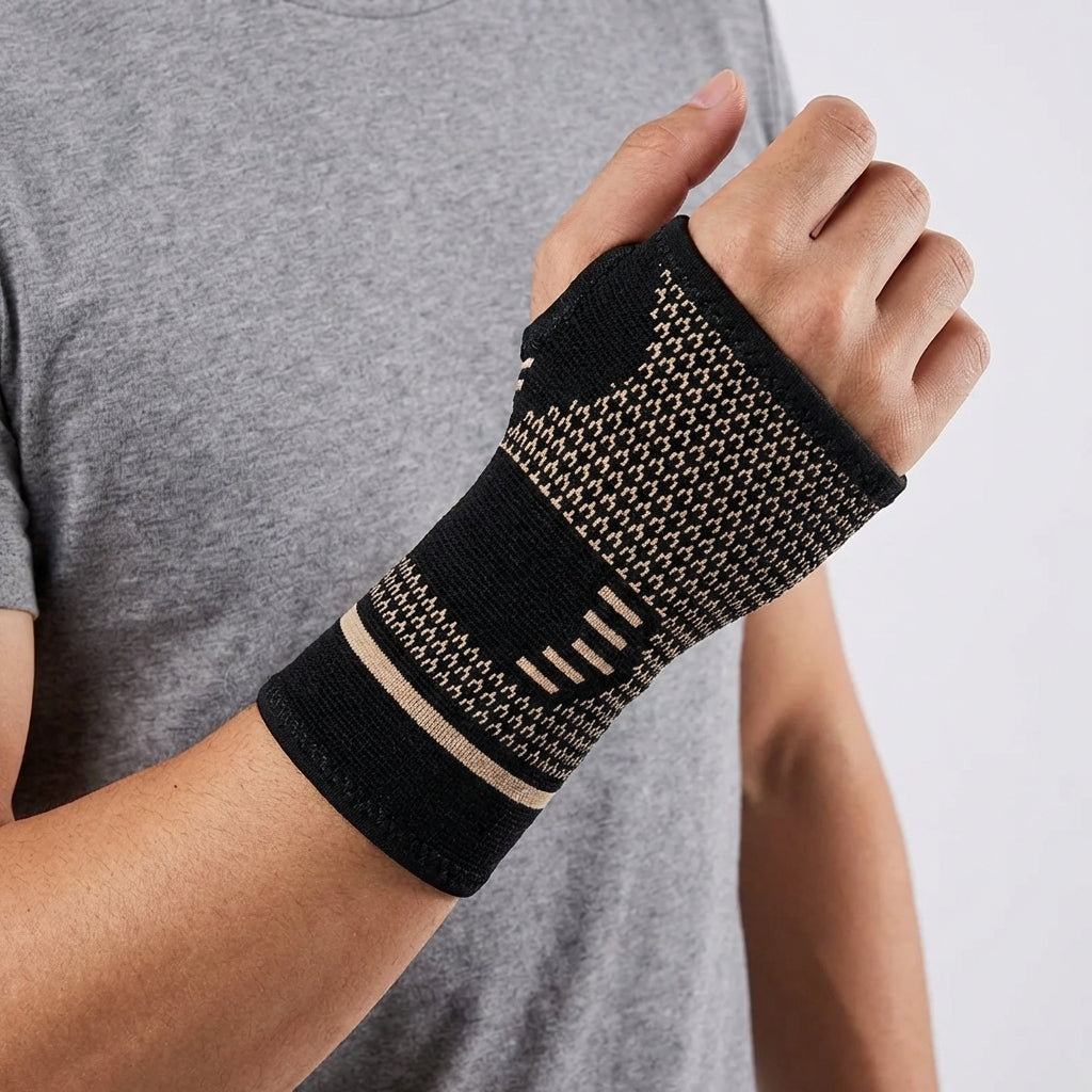 Compression wrist sleeve with targeted thumb support and reinforced band