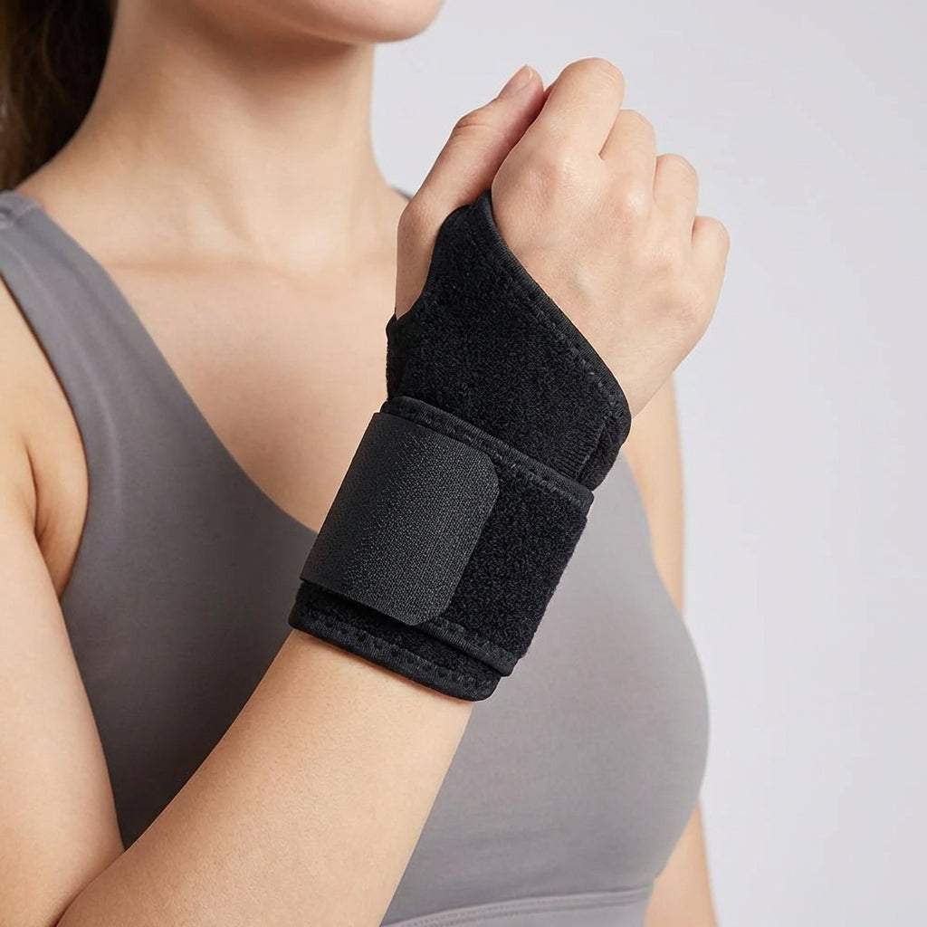 Adjustable wrist support wrap with stabilising compression for both hands