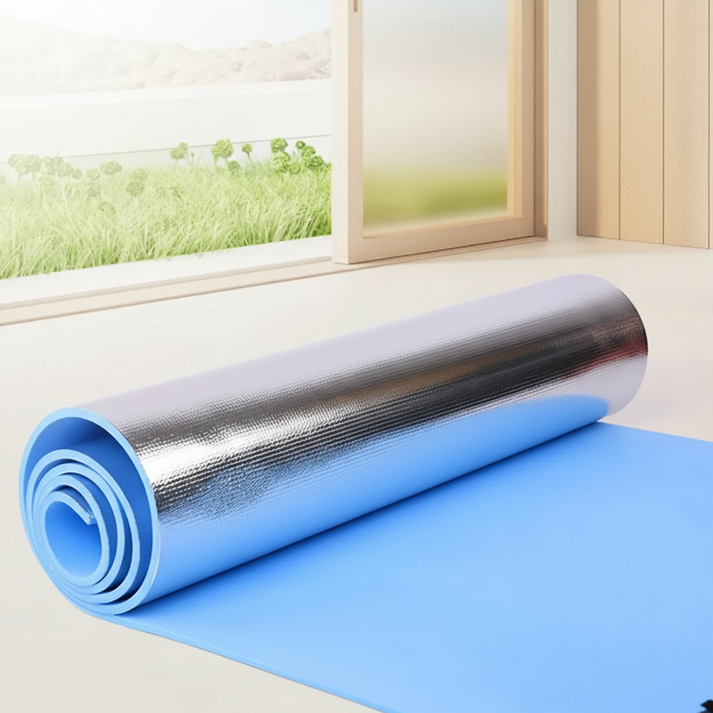 Thick cushioned yoga mat with non-slip surface and portable roll-up design