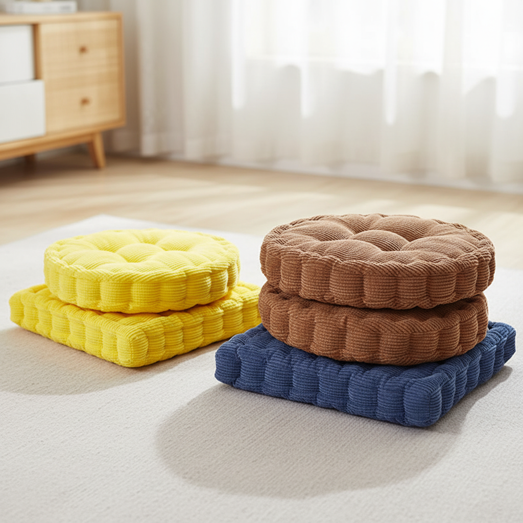 Round tufted floor cushion with plush padding for meditation seating