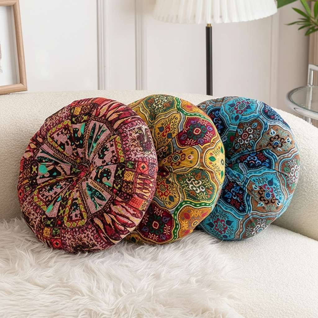Round meditation floor cushion with vintage boho leaf print