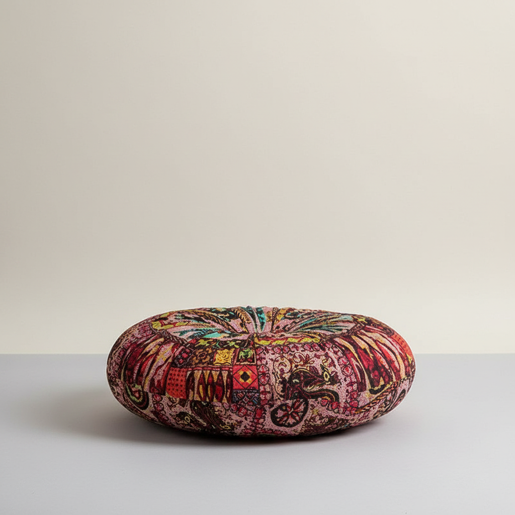 Round meditation floor cushion with vintage boho leaf print