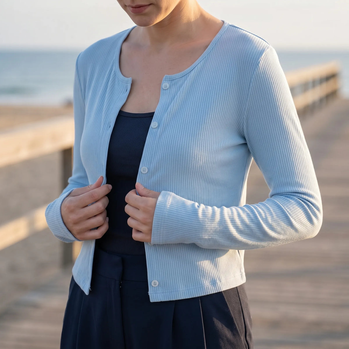 Women's ribbed long-sleeve cardigan lightweight breathable button-front